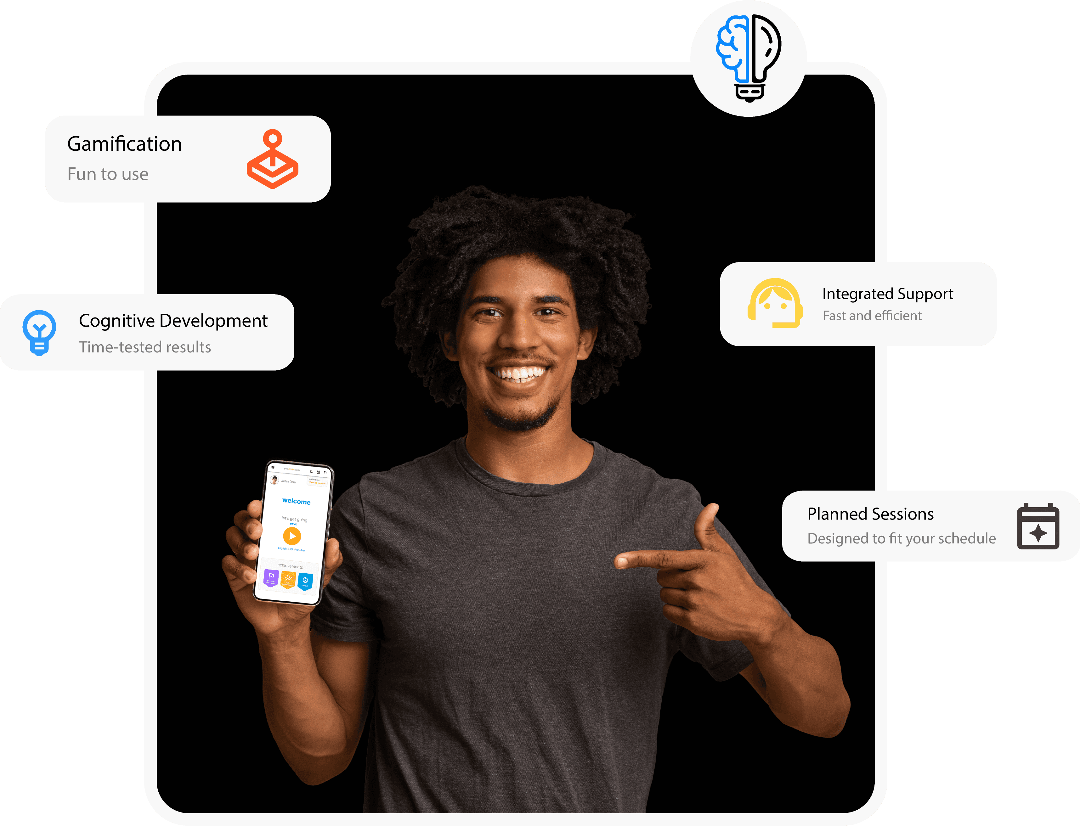 Illustration of young person holding a phone with eyebraingym