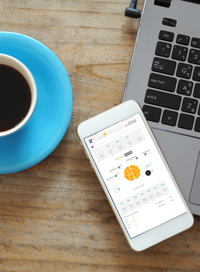 Illustration showing a mockup of eyebraingym on a mobile device with a laptop and a cup of coffee in the background